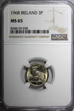 Ireland Republic Copper-Nickel 1968 3 Pence NGC MS65 Hare KM# 12a (038)