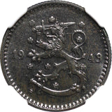 FINLAND Iron 1943 S 1 Markka WWII Issue NGC MS65 TOP GRADED BY NGC KM# 30b (042)