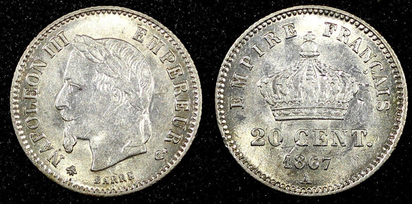 FRANCE Napoleon III Silver 1867 A  20 Centimes Mintage-352 ,510 KM# 808.1  (064)