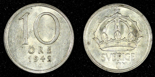 Sweden Gustaf V (1907-1950) Silver 1942 G 10 Öre UNC KM# 813 (28 158)