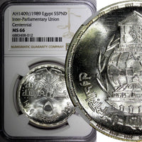 Egypt Silver AH1409 1989 5 Pounds NGC MS66 Mint-5,000 TOP GRADED KM# 665 (012)