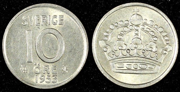 SWEDEN SILVER Gustaf VI 1953 10 ORE High Grade KM#823 (28 161)