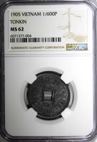 VIETNAM Tonkin Zinc 1905 1/600 Piastre NGC MS62 Paris Mint Nice Toned KM# 1 (04)