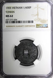 VIETNAM Tonkin Zinc 1905 1/600 Piastre NGC MS62 Paris Mint Nice Toned KM# 1 (04)