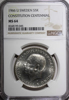 SWEDEN Silver 1966 U 5 Kronor NGC MS64 Constitution Reform 1 YEAR KM# 839 (045)