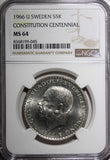 SWEDEN Silver 1966 U 5 Kronor NGC MS64 Constitution Reform 1 YEAR KM# 839 (045)