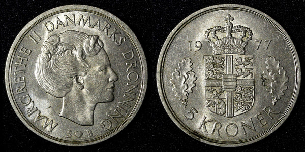 Denmark Margrethe II Copper-Nickel 1977 SB 5 Kroner 33mm UNC KM# 863.1 (27 967)
