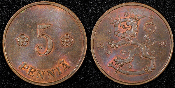 FINLAND Copper 1930 5 Penniä  UNC Toned KM# 22 (24 011)