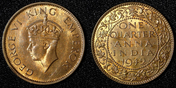 India-British George VI 1942 (B) 1/4 Anna Short Trefoils ch.UNC KM# 531 (221)