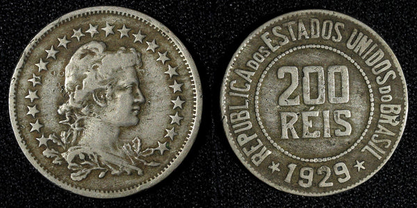 BRAZIL Copper-Nickel 1929 200 Reis Liberty 25mm KM# 519 (27 799)