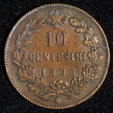 Italy Umberto I Copper 1893 B/I 10 Centesimi Heaton's Mint,Birmingham KM#27.1(7)