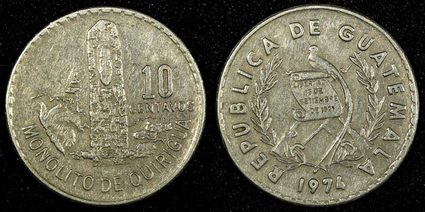 Guatemala Copper-Nickel 1974 10 Centavos Guatemala City Mint KM# 274 (24 635)