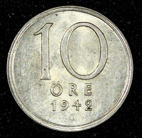 Sweden Gustaf V (1907-1950) Silver 1942 G 10 Öre UNC KM# 813 (28 158)
