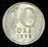 Sweden Gustaf V (1907-1950) Silver 1942 G 10 Öre UNC KM# 813 (28 158)