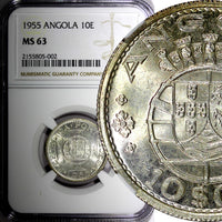 ANGOLA Portuguese Colony Silver 1955 10 Escudos NGC MS63 KM# 73 (002)