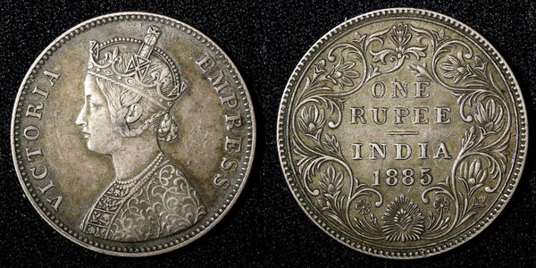 India-British Victoria Silver 1885 B raised Rupee XF. Nice Toned KM# 492 (562)