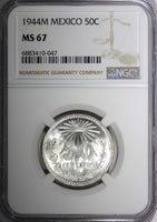 Mexico ESTADOS UNIDOS Silver 1944 M 50 Centavos NGC MS67 GEM BU KM# 447 (047)