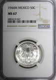 Mexico ESTADOS UNIDOS Silver 1944 M 50 Centavos NGC MS67 GEM BU KM# 447 (047)