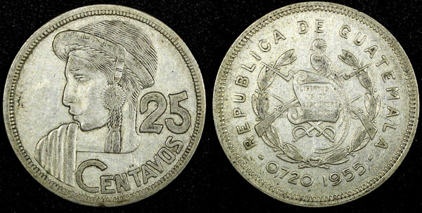 Guatemala Silver 1955 25 Centavos Mintage-408,574 27mm KM# 258 (24 643)