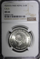 NEPAL SHAH DYNASTY Silver VS2025(1968) 10 Rupee NGC MS66 FAO BU KM# 794 (028)