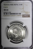NEPAL SHAH DYNASTY Silver VS2025(1968) 10 Rupee NGC MS66 FAO BU KM# 794 (028)