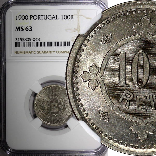 PORTUGAL Carlos I Copper-Nickel 1900 100 Reis 1 YEAR TYPE NGC MS63 KM# 546 (8)