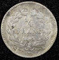 FRANCE Louis Philippe I Silver 1843 B  1/4 Franc Rouen Mint Toned KM# 740.2 (78)