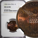 PHILIPPINES Bronze 1904 1 Centavo NGC MS64 BN Nice Toned KM# 163 (046)