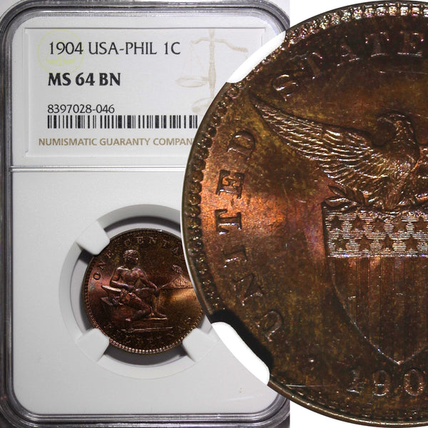 PHILIPPINES Bronze 1904 1 Centavo NGC MS64 BN Nice Toned KM# 163 (046)