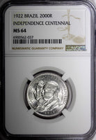 BRAZIL Silver 1922 2000 Reis Independence Centennial 1 YEAR TYPE NGC MS64 KM#523