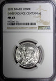 BRAZIL Silver 1922 2000 Reis Independence Centennial 1 YEAR TYPE NGC MS64 KM#523