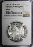 SWEDEN Silver 1907 EB 2 Kronor NGC MS62 Golden Wedding Anniversary KM# 776 (03)