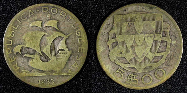 Portugal  Silver 1933 5 Escudos 28.4mm Ship KM# 581 (27 965)
