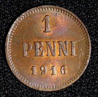 FINLAND Nicholas II Copper 1916 1 Penni Last Year Type UNC Toned KM# 13 (27 724)