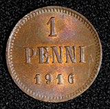 FINLAND Nicholas II Copper 1916 1 Penni Last Year Type UNC Toned KM# 13 (27 724)