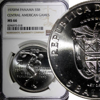 Panama Silver 1970 FM 5 Balboas NGC MS66 Central American Games KM#28 (018)
