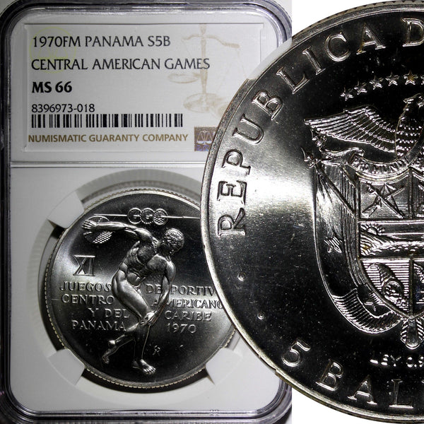 Panama Silver 1970 FM 5 Balboas NGC MS66 Central American Games KM#28 (018)