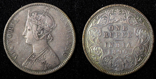 India-British Victoria Silver 1890  Rupee Calcutta Mint Toned KM# 492 (27 560)
