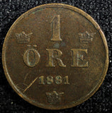 Sweden Oscar II Bronze 1881 1 Öre extra Large letters XF KM# 750 (22 144)