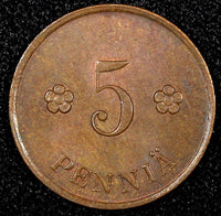 FINLAND Copper 1929 5 Penniä  CHOICE UNC Toned KM# 22 (24 013)