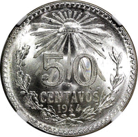 Mexico ESTADOS UNIDOS Silver 1944 M 50 Centavos NGC MS66 GEM BU KM# 447 (040)