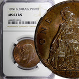 GREAT BRITAIN George V Bronze 1936 1 Penny NGC MS63 BN NICE TONING KM# 838 (026)