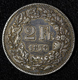 Switzerland Silver 1878 B  2 Francs Helvetia Better Date Toned KM# 21 (28 488)