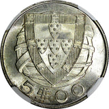 Portugal Silver 1946 5 Escudos NGC MS65 Mintage 404.000 Ship GEM BU KM# 581 (7)