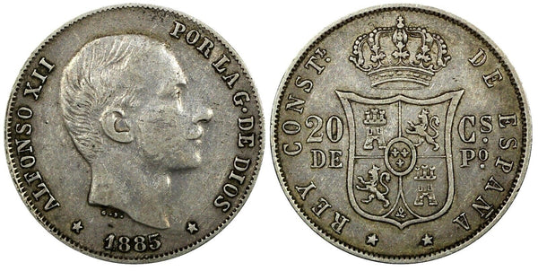 Philippines 	Alfonso XII Silver 1885 20 Centimos Manila Last Year KM# 149 (406)