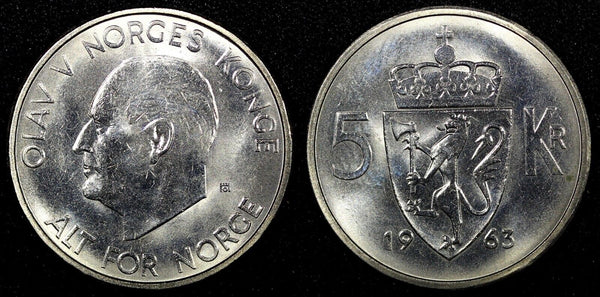 NORWAY Olav V Copper-Nickel 1963  5 Kroner 29.5 mm UNC KM# 412 (24 039)