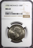 MONACO Copper-Nickel Rainier III 1950 100 Francs Paris Mint NGC MS63 KM# 133 (7)