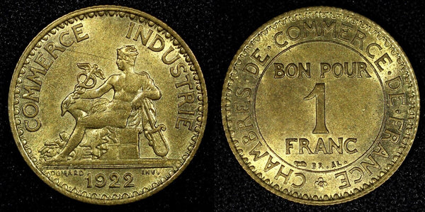 FRANCE Aluminum-Bronze 1922 1 Franc Chamber of Commerce UNC KM# 876  (24 170)