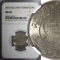 TUNISIA Muhammad VIII AH1376 1957  20 Francs NGC MS65 1 GRADED HIGH KM# 274 (0)