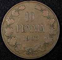 Finland Nicholas II Copper  1905 10 Penniä  Mintage-500,000 KM# 14 (27 151)